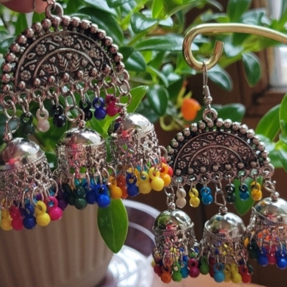 Fun Festival Earrings, Large Beaded Jhumka - Picture 3 of 3